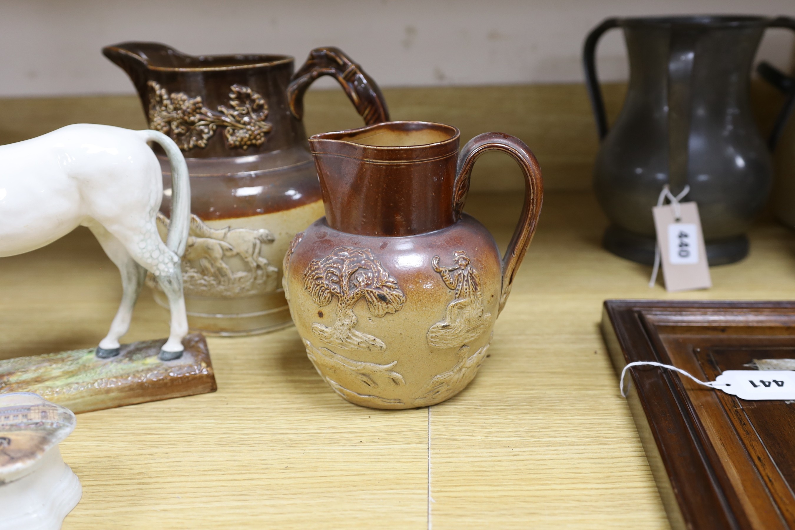 A Royal Doulton figure of a grey horse, HN2538, two stoneware jugs and a similar mug and a pot lid and base, horse 23cms high